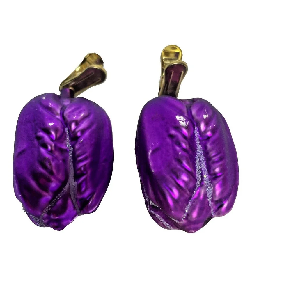 VTG. 2 Clip On Purple Roses with Glitter Blown Glass Ornaments Made in Germany